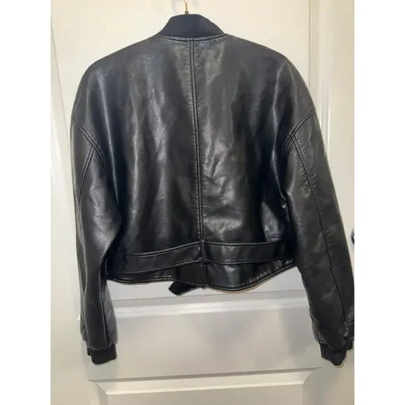Zara Faux Leather Cropped Bomber Jacket Women Black Belted Moto Style - Picture 16 of 17